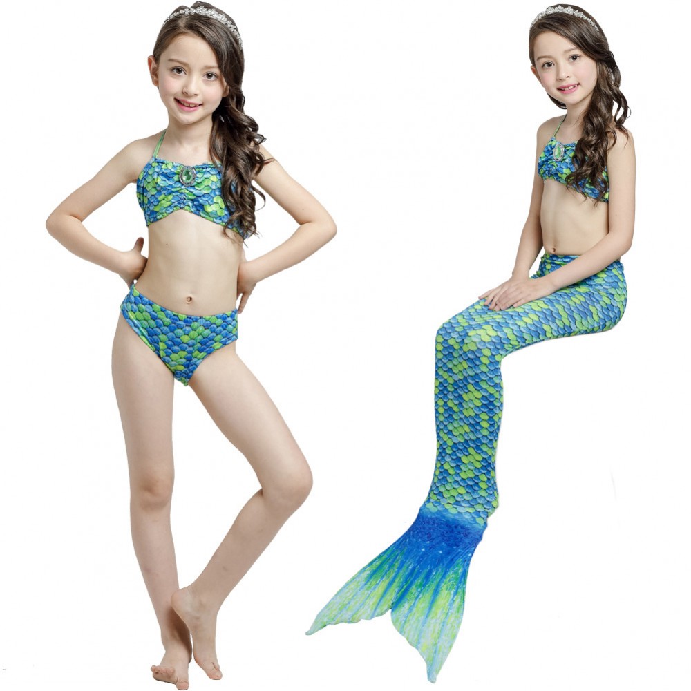 Girls Kids Green Mermaid Tail Monofin Child Bikini Swimwear Swimsuit Costume