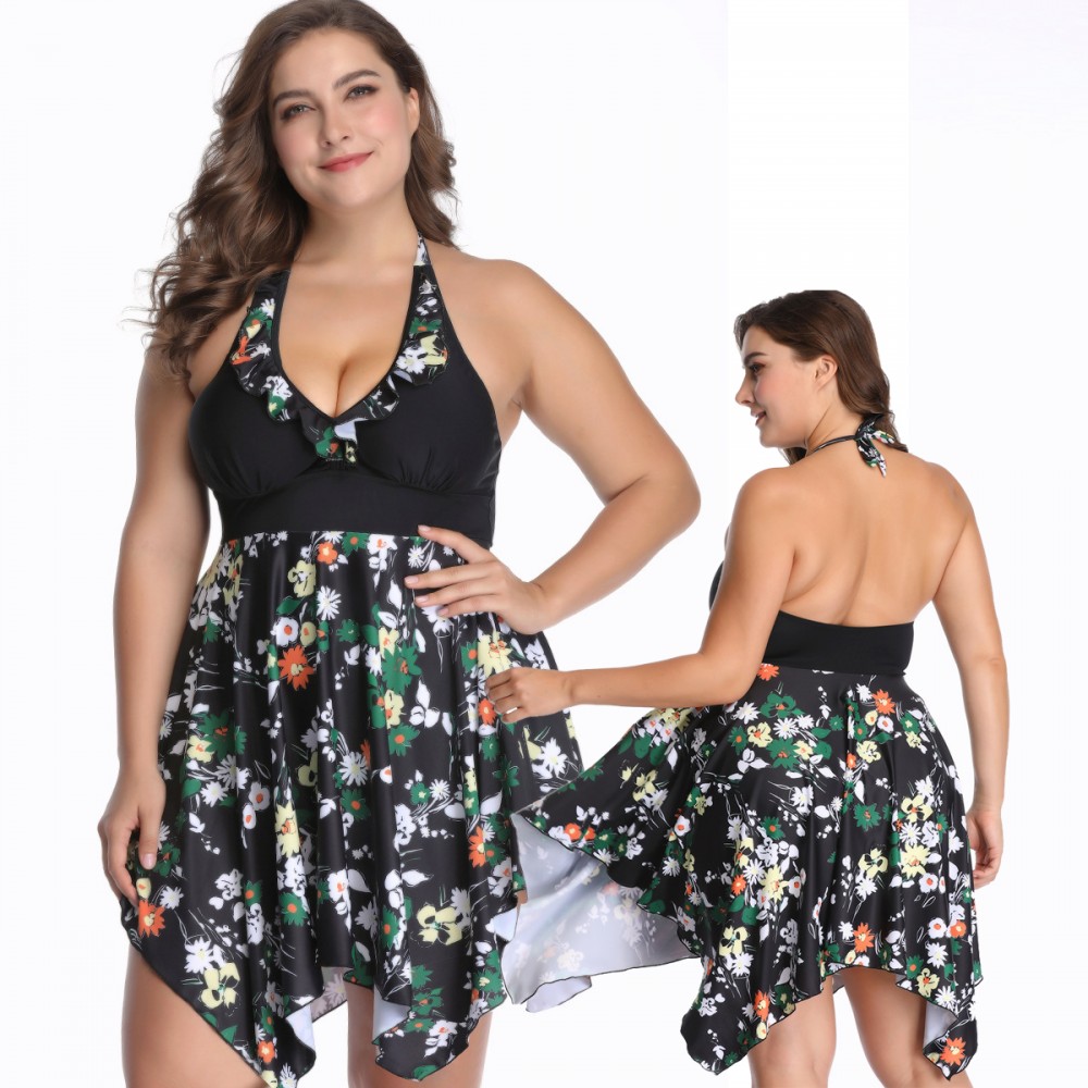 Black Floral Swim Dress Plus Size Swimwear Cheap Bathing Suits - Pjsbuy.com