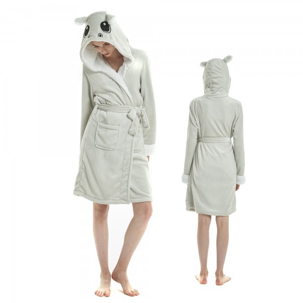 Grey Hippo Bathrobe for Women Flannel Hooded Robe