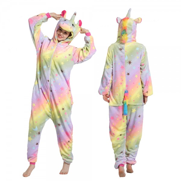 Yellow Rainbow Star Unicorn Onesie Pajamas Costumes Adult Animal Onesies Zip up