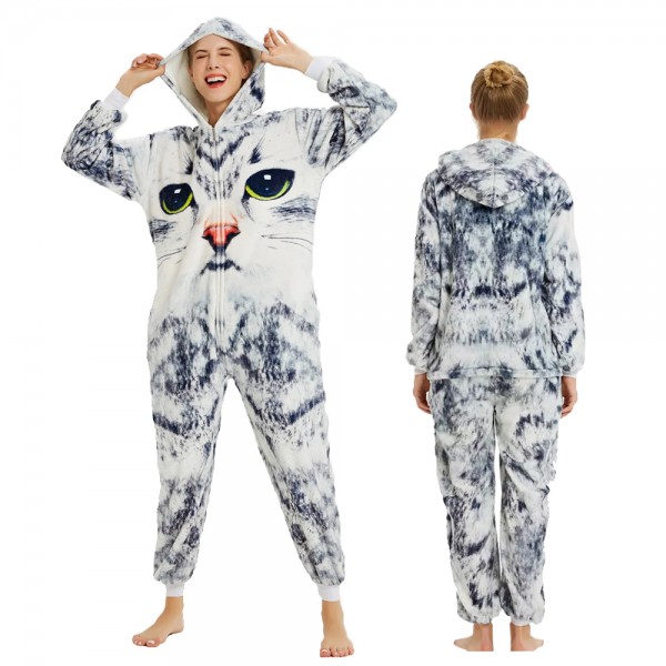 Cat Onesie Flannel Pajamas Adult Animal Onesies Halloween Costumes