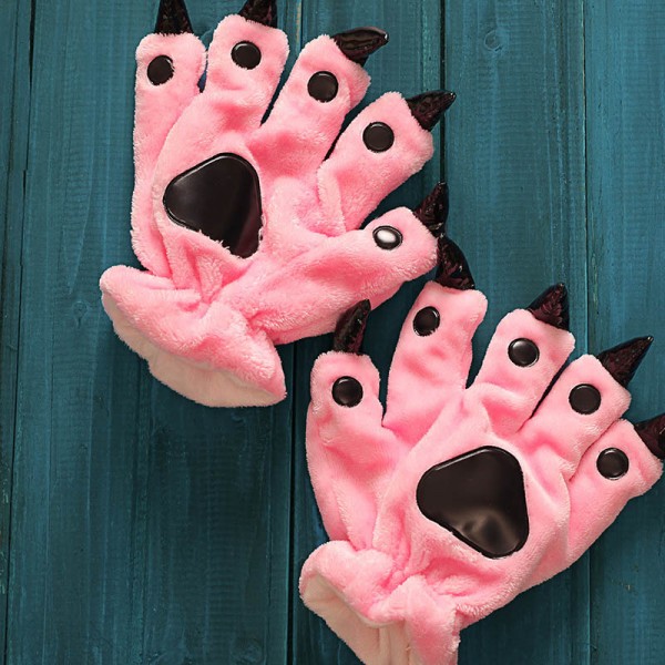 Pink Blue Paw Gloves Animal Onesies Pajamas Costume Winter Plush Hand Gloves