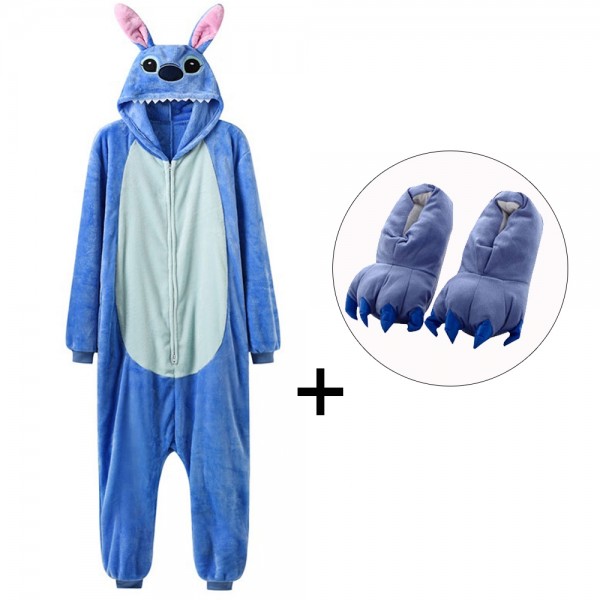 Stitch Onesie Pajamas Costume for Adult with Slippers Zip up
