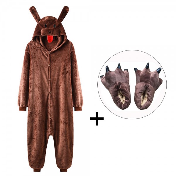 Brown Dog Onesie Pajamas Costume for Adult & Kids with Slippers