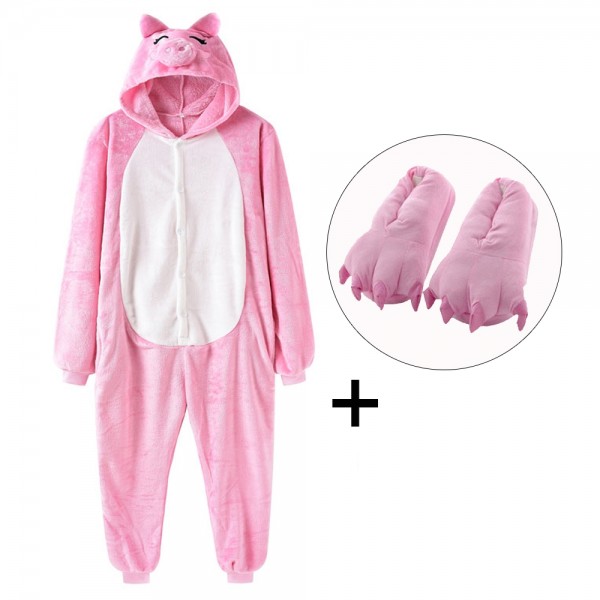 Pink Pig Onesie Pajamas Costume for Adult & Kids with Slippers
