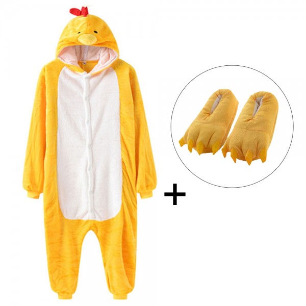 Yellow Chicken Onesie Pajamas Costume for Adult with Slippers