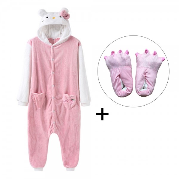 Hello Kitty Onesie Pajamas Costume for Adult & Kids with Slippers