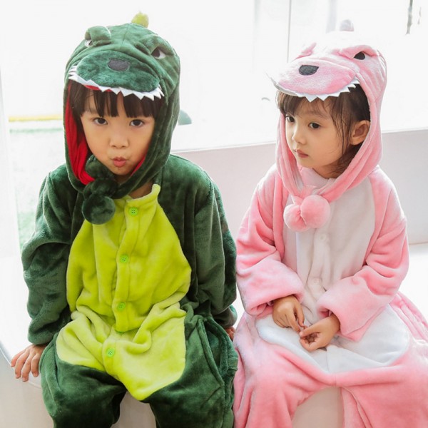 Green & Pink Dinosaur Kids Animal Onesie Pajamas Cute Costume