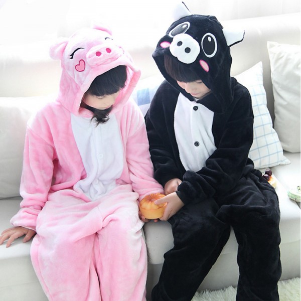Pink & Black Pig Kids Animal Onesie Pajamas Cute Costume