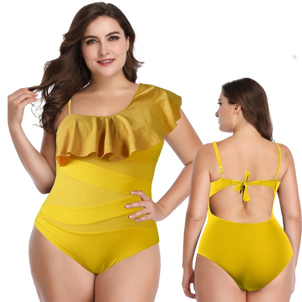 One Piece Yellow Plus Size Swimsuit Flounce Foldover Off Cheap Bathing Suits