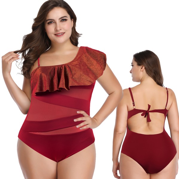 One Piece Red Plus Size Swimsuit Flounce Foldover Off Cheap Bathing Suits