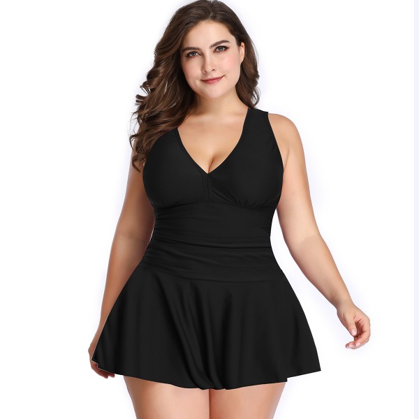 Black V-Neck Swim Dress Two Piece Plus Size Swimsuit Cheap Bathing Suits