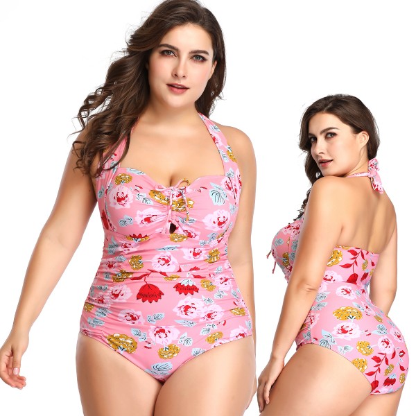Cute Pink Plus Size Swimwear Floral Cheap Bathing Suits Halter Swim Suit