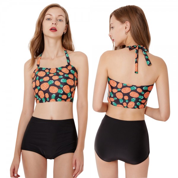 Cute Pineapple Two Piece Swimsuits Womens Black Bathing Suits