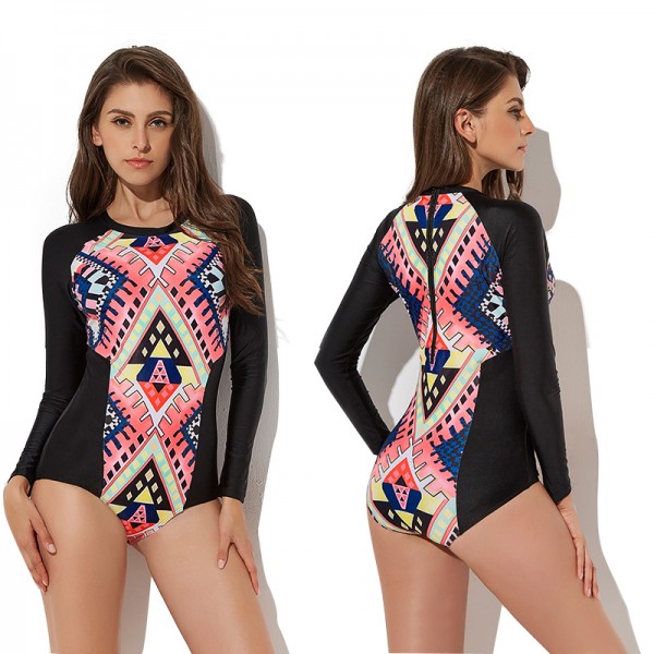 Womens Black One Piece Swimsuits Long Sleeve Rash Guard Surf Suits