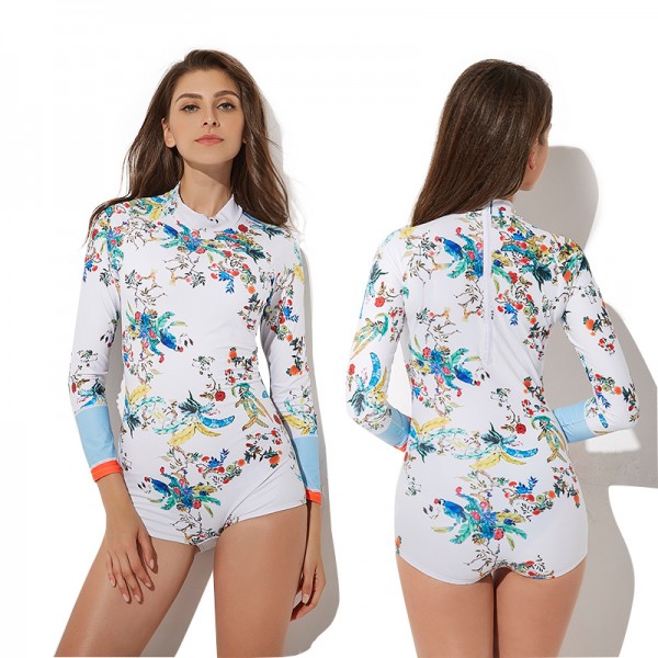 Womens White One Piece Bathing Suits Rash Guard Surf Suits Long Sleeve