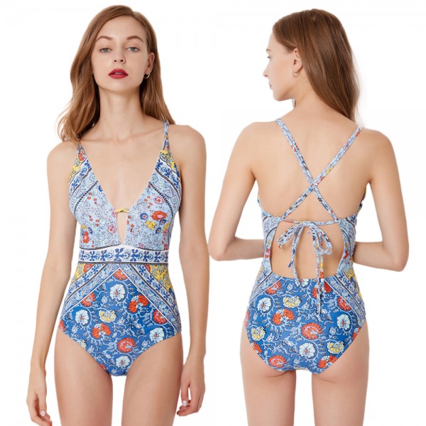 Blue Floral One Piece Monokini Swimsuits Cheap Bathing Suits