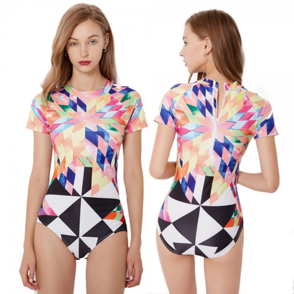 One Piece Swisuits Short Sleeve Cheap Bathing Suits Rash Guard Colorful Print