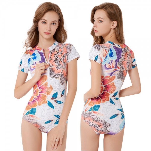 One Piece White & Floral Swimsuits Womens Cheap Bathing Suits Zip Up