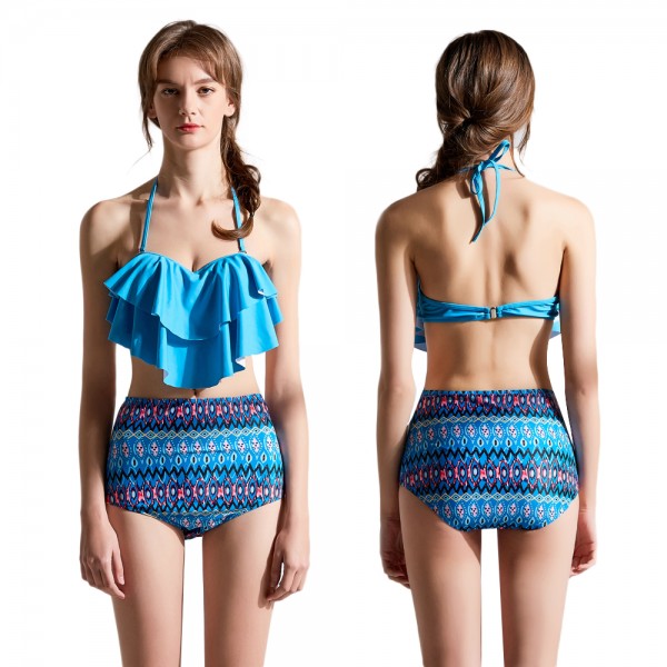 Blue Cute Swimsuits For Women & Teens 2Pcs Cheap Bathing Suits Halter Bikinis