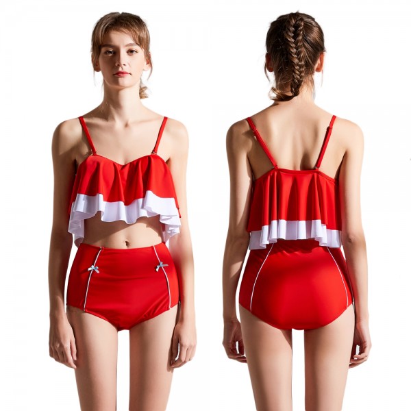 2Pcs Cute Red Swimsuits For Women & Teens Bathing Suits Bikinis