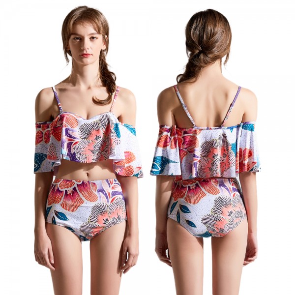 Floral Swimsuits Flounce Foldover Off Shoulder Cheap Bathing Suits