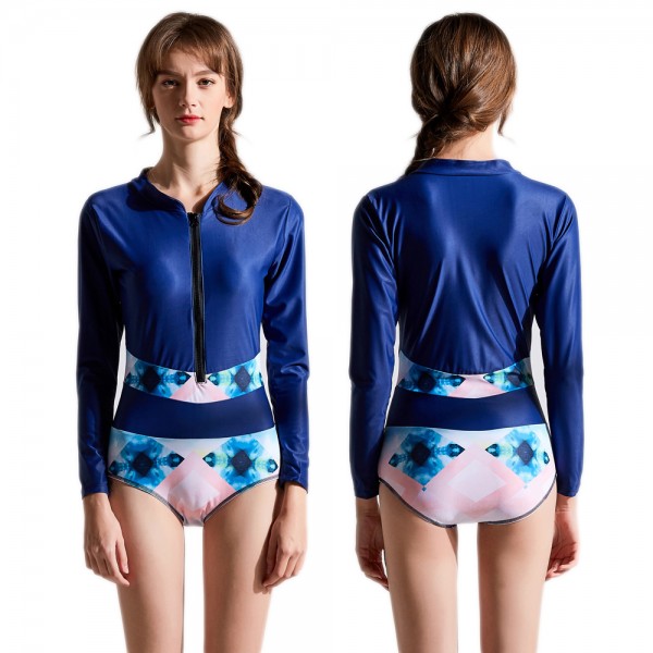 Long Sleeve Rash Guard Women Zip Up Blue Bathing Suits Cheap Swimsuits