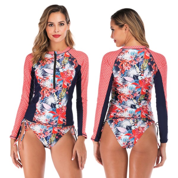 Long Sleeve Rash Guard Women High Neck Bathing Suits Red Floral Surf Swimsuits
