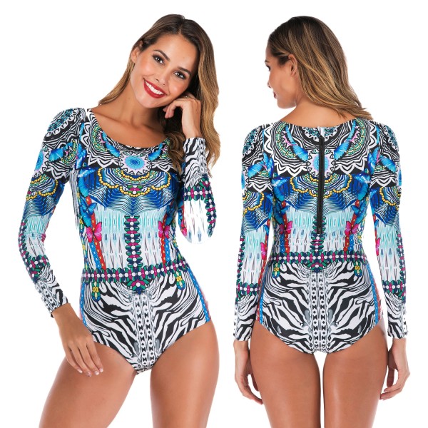One Piece Long Sleeve Rash Guard Round Neck Swimsuits Women Bathing Suits