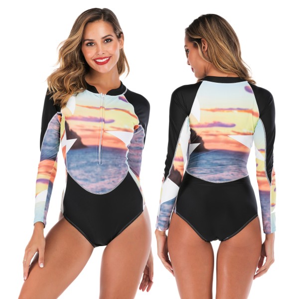 Womens Rash Guard One Piece Swimsuits Zip Up Long Sleeve Sea Print