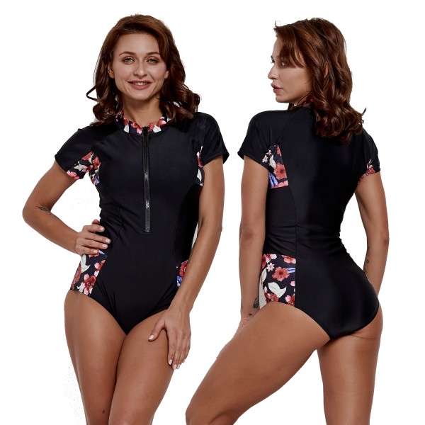 Black Short Sleeve Rash Guard Women Bathing Suits Cheap Swim Suits