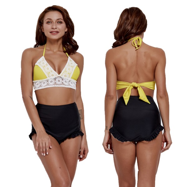 Cute Halter Bikini For Women With Lace Yellow & Black Swimsuits