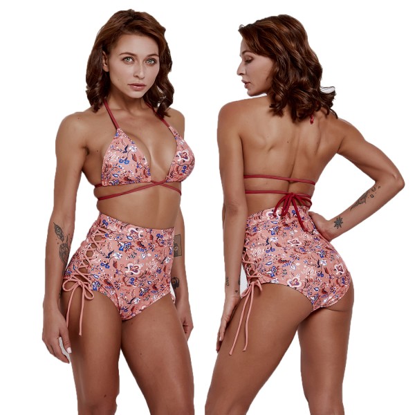 High Waisted Bikinis Halter Pink Floral Swimsuits Bathing Suits