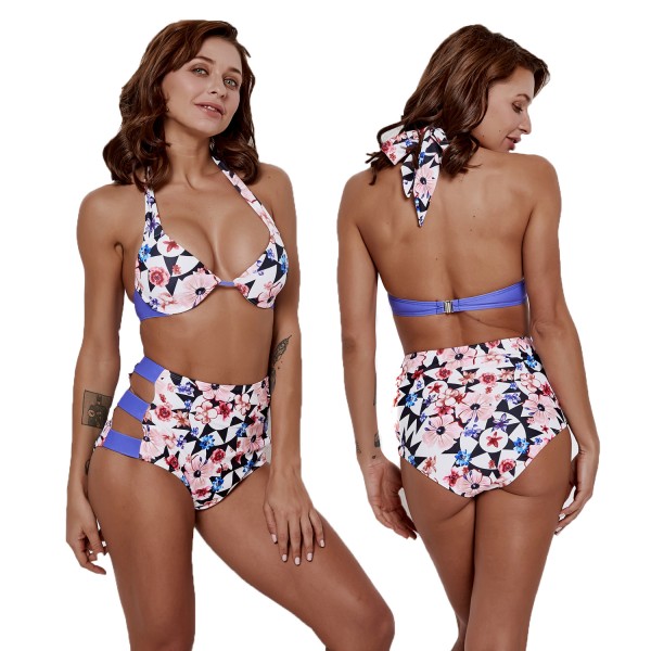 Floral Halter Bikini High Waisted Bathing Suits Cheap Swimwear