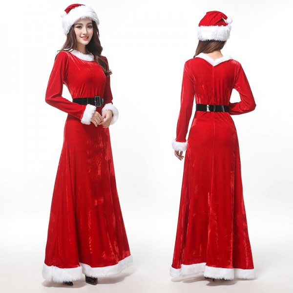 Mrs Claus Costume Womens Santa Long Dress With Hat