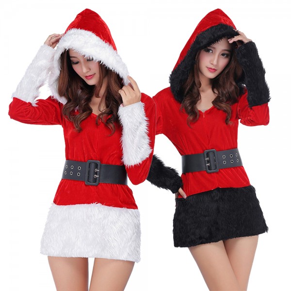Black & White Womens Hooded Santa Dress Christmas Costume