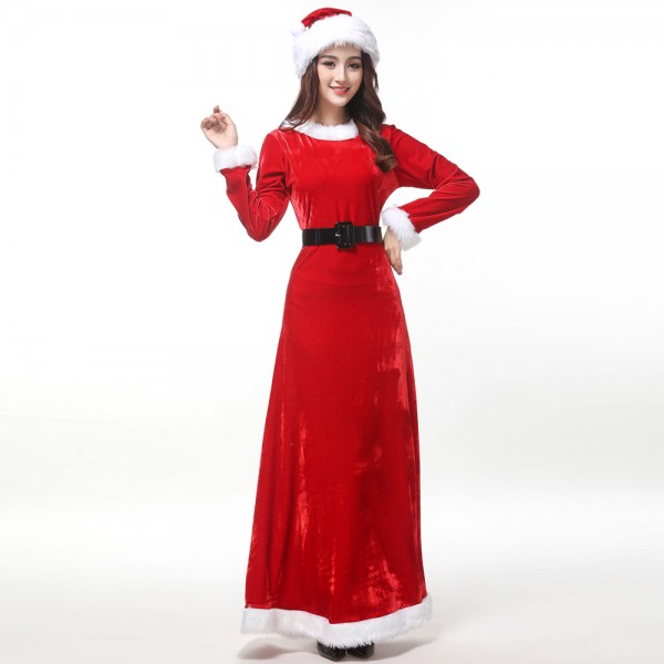 Christmas Costumes Womens Santa Long Dress Warm Outfit