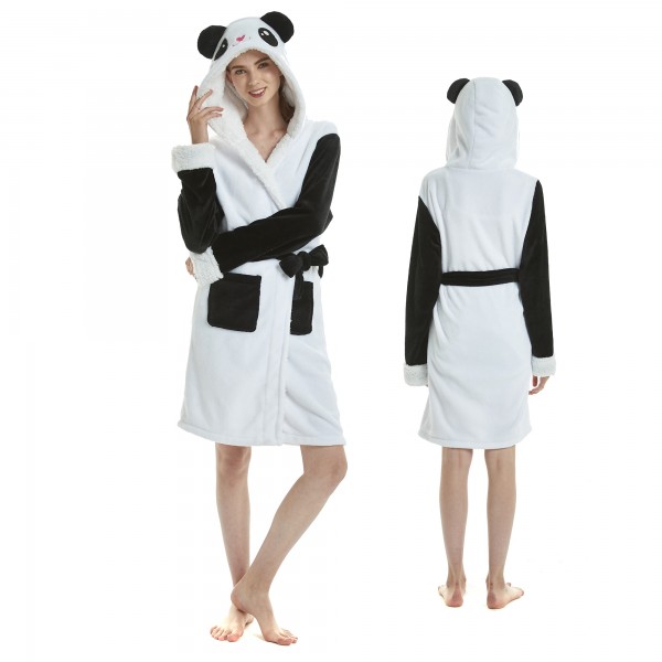 Panda Bathrobe for Women Flannel Hooded Robe