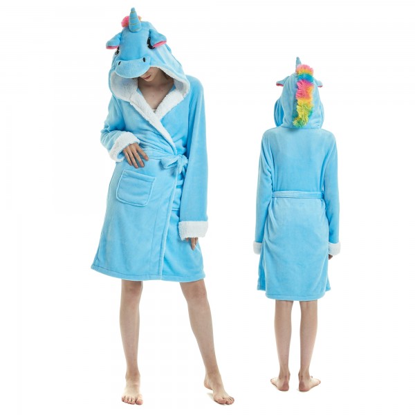Blue Unicorn Bathrobe for Women Flannel Hooded Robe