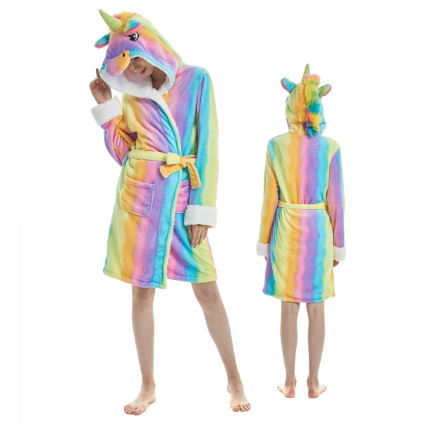 Rainbow Unicorn Bathrobe for Women Flannel Hooded Robe