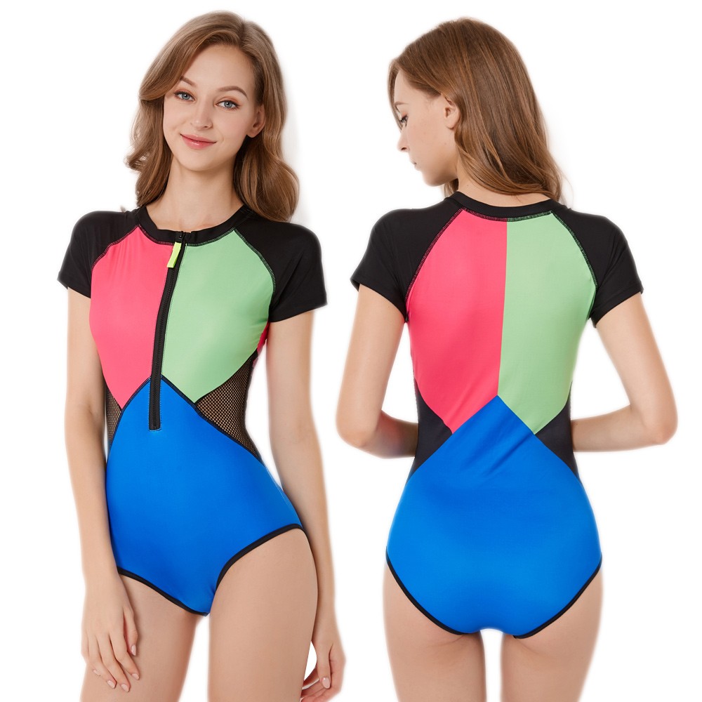 Jywmsc Women Zip Front Color Block Rashguard Short Sleeve One Piece Surfing Swimsuits Boyshort