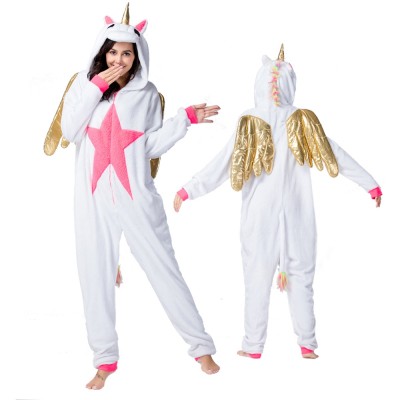 White Unicorn with Gold Wings Onesie Pajamas Costumes Adult Animal Onesies Zip up