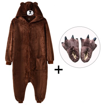 Brown Bear Onesie Pajamas Costume for Adult & Kids with Slippers