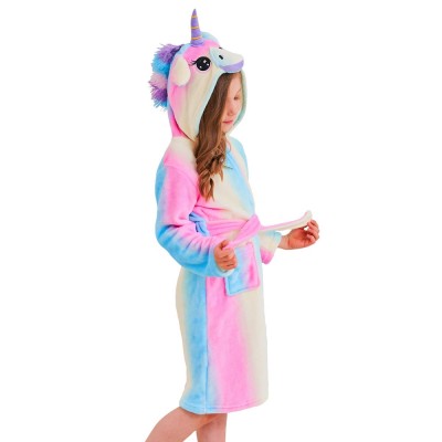 Hanax Kid Bathrobe Unicorn Flannel Ultra Soft Plush Comfy Hooded Nightgown Homewear 