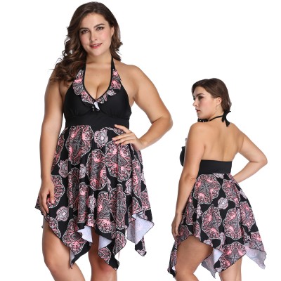 Black Swim Dress Plus Size Swimwear Retro Print Cheap Bathing Suits