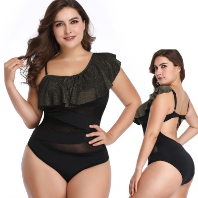 One Piece Black Plus Size Swimsuit Flounce Foldover Off Cheap Bathing Suits
