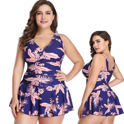 Blue V-Neck Swim Dress Two Piece Plus Size Swimsuit Cheap Bathing Suits