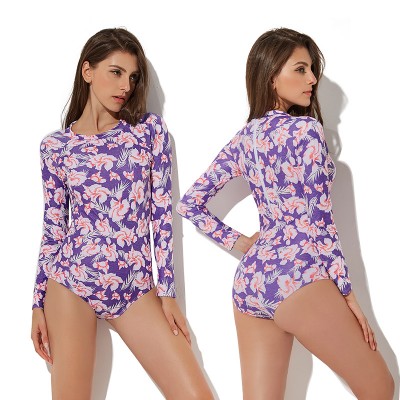 Purple One Piece Swimsuit For Womens Floral Rash Guard Long Sleeve