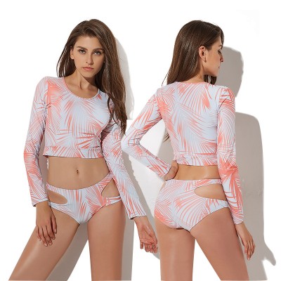 2Pcs Coral Swimsuits Womens Bathing Suit Long Sleeve Rash Guard