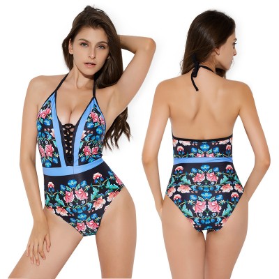 One Piece Floral Bikini For Women Swimsuits Tie Rope Bathing Suit